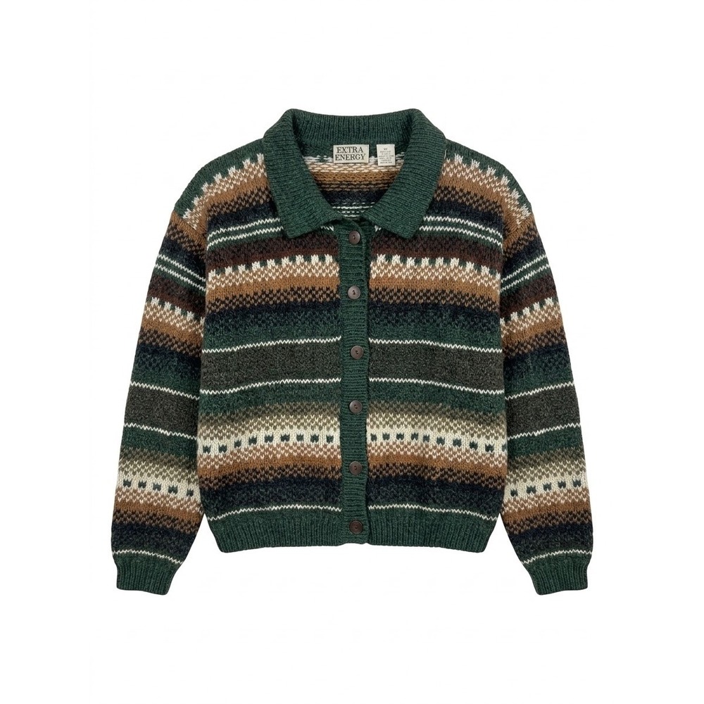 Extra Energy Cardigan Women Medium Green Vintage 90s Fair Isle Knit Collared